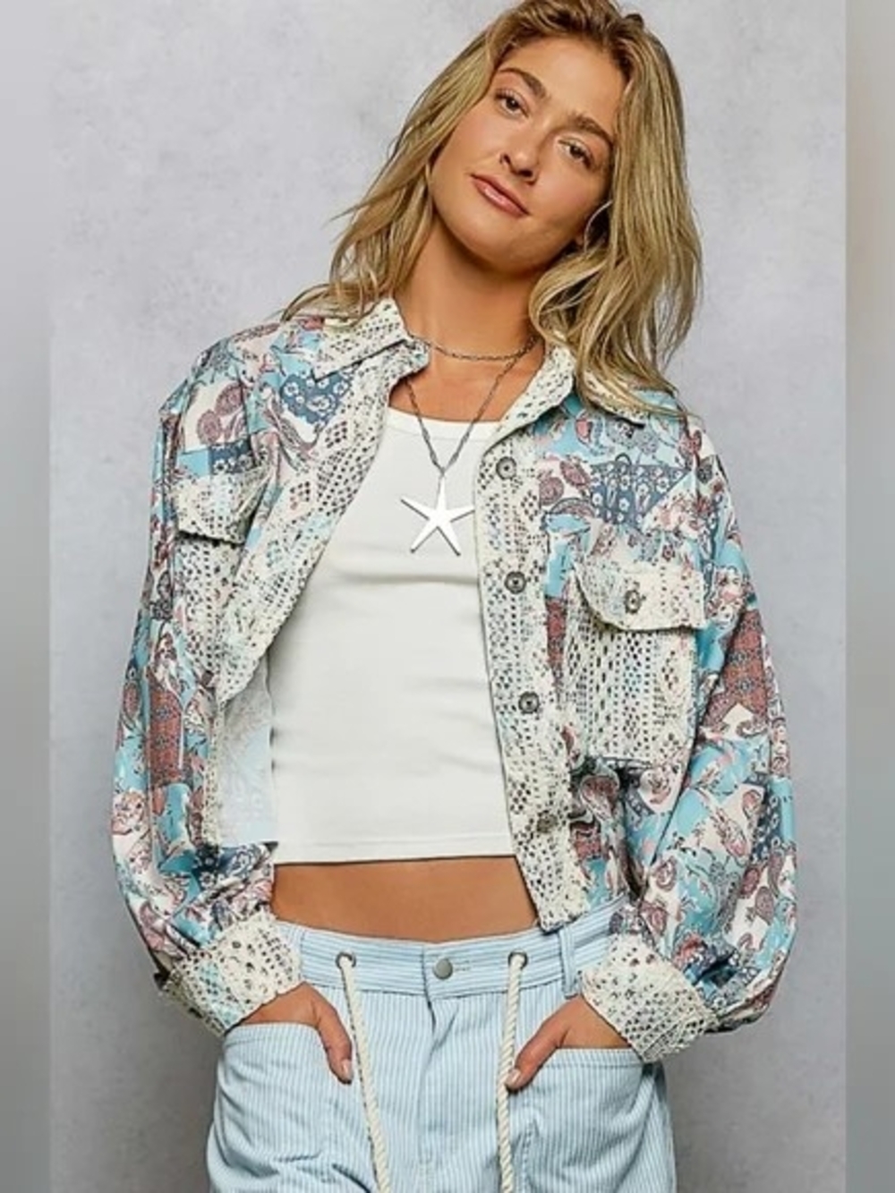 POL Paisley Patchwork Denim-Style Jacket in Light Blue & CreamNWOT - Picture 3 of 6